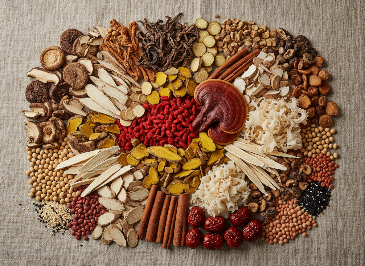 A beautiful flat lay of traditional Chinese herbal medicine ingredients arranged on a natural linen background. Include: wolfberries (goji berries), turmeric root, astragalus (huang qi), angelica root (dang gui), codonopsis root (dang shen), salvia root (dan shen), antrodia camphorata (niu zhang zhi mushroom), white fungus mushroom (bai you), cinnamon sticks, licorice root, and red dates (jujube). Also include assorted mushrooms, soybeans and legumes, and sesame seeds scattered throughout. The arrangement should look abundant, warm, and natural with earthy tones of red, gold, brown, and cream. Soft natural lighting, overhead view, high quality food photography style.