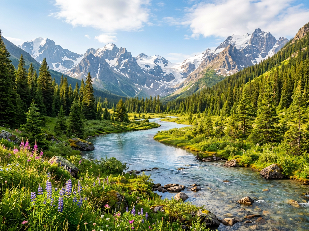 Mountain stream winding through forest and wildflowers beneath snow-capped peaks