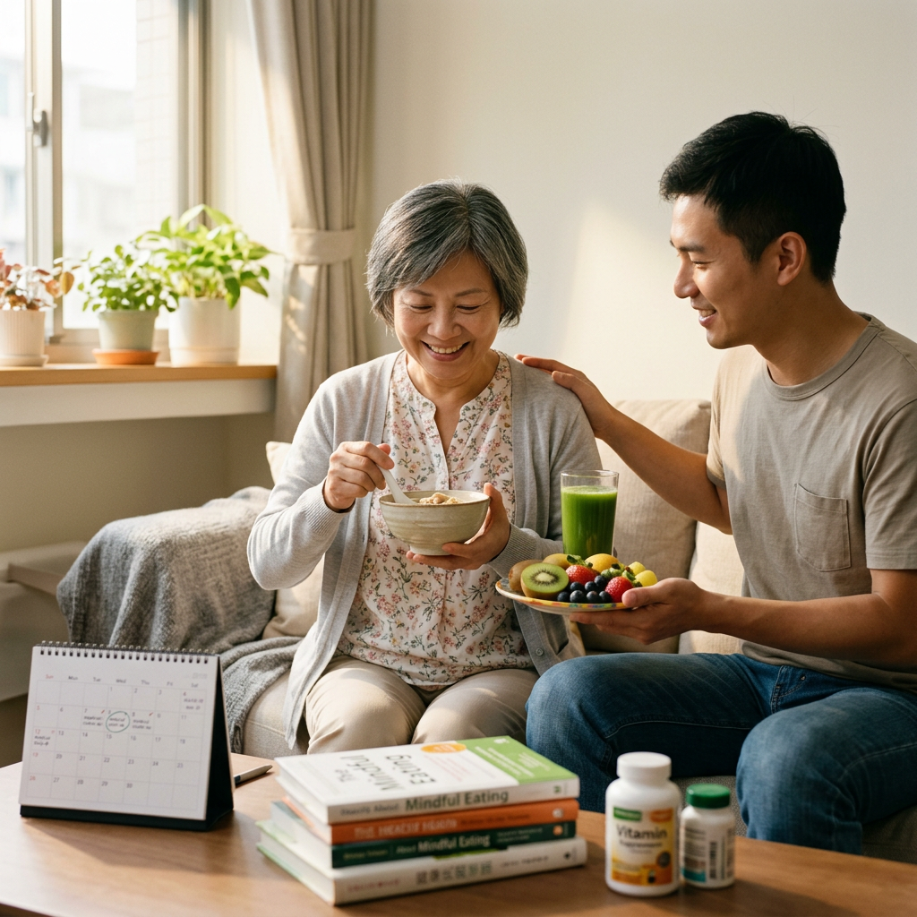 Man supporting older woman eating while holding fruit beside wellness books and vitamins