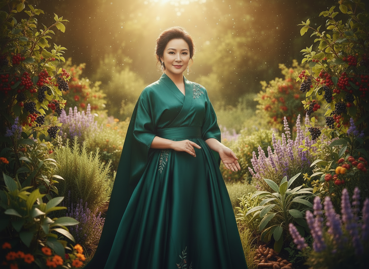 Elegant Chinese wealthy woman in her 50s, beautiful black hair styled gracefully, hands empty and relaxed, sophisticated and refined appearance, anti-aging health concept, warm luxurious atmosphere, soft natural lighting, high-end lifestyle photography style, no objects in hands